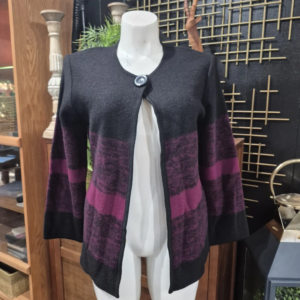 Katie Todd Elegant Black & Magenta Striped Wool-Blend Cardigan Sweater Sz L - Picture 1 of 10